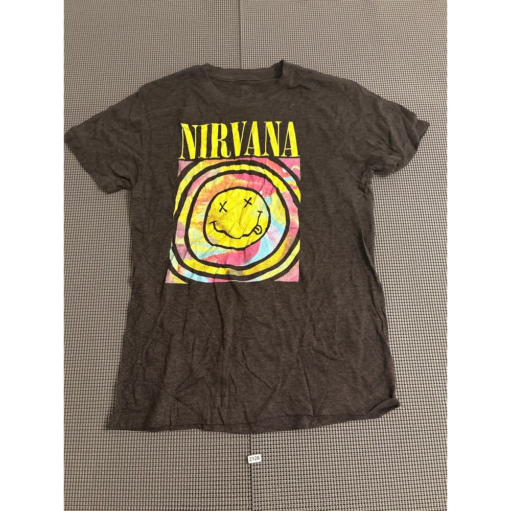 Nirvana Smiley Face Graphic T-Shirt Mens Large Charcoal Gray Rock Band Tee